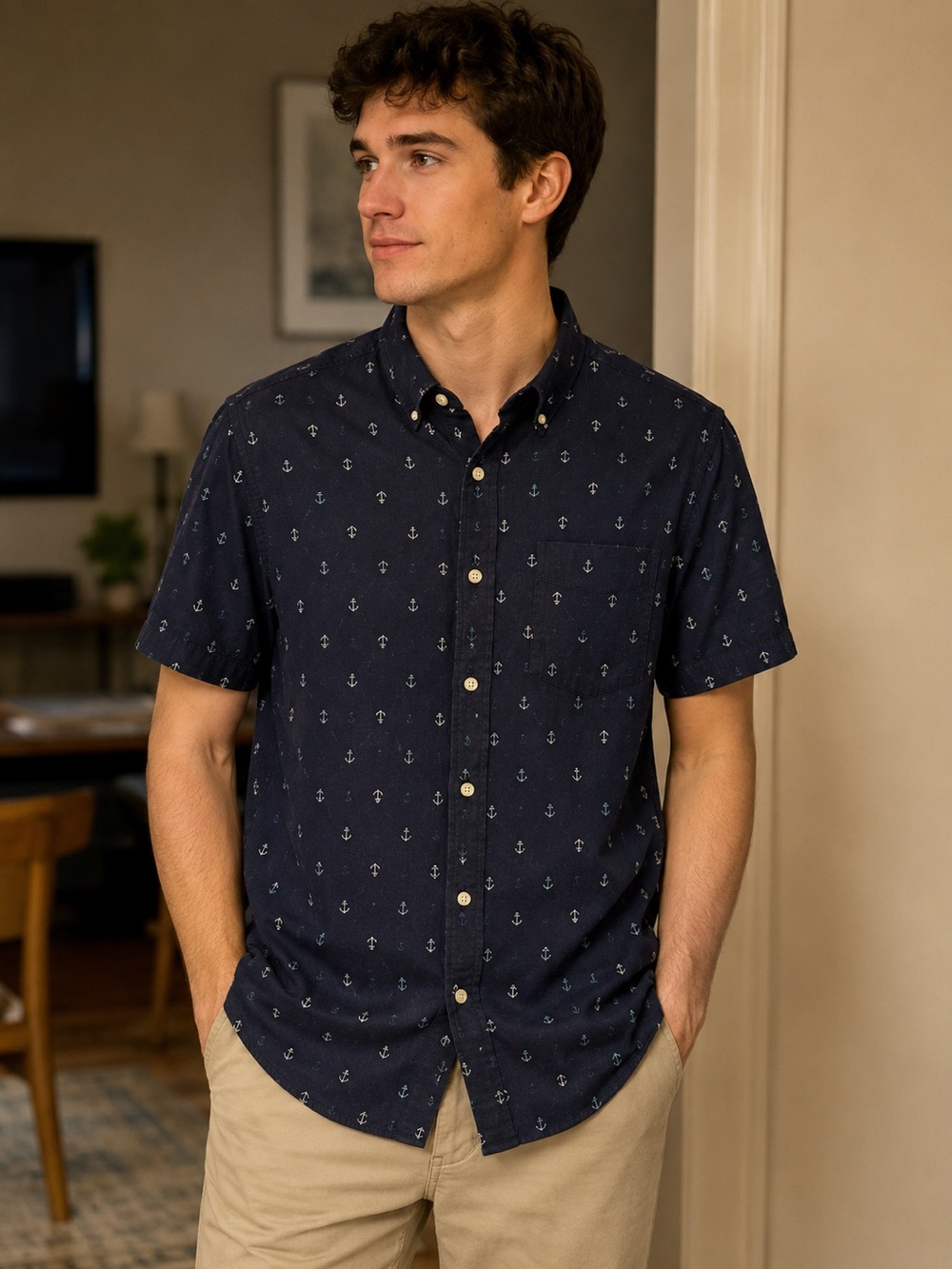 IZOD Men’s Navy Anchor-Print Button-Down Shirt Size 2XL